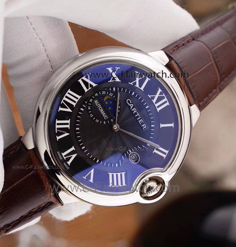 Copy Cartier Ballon Bleu Watch SS Black Dial with Moonphase